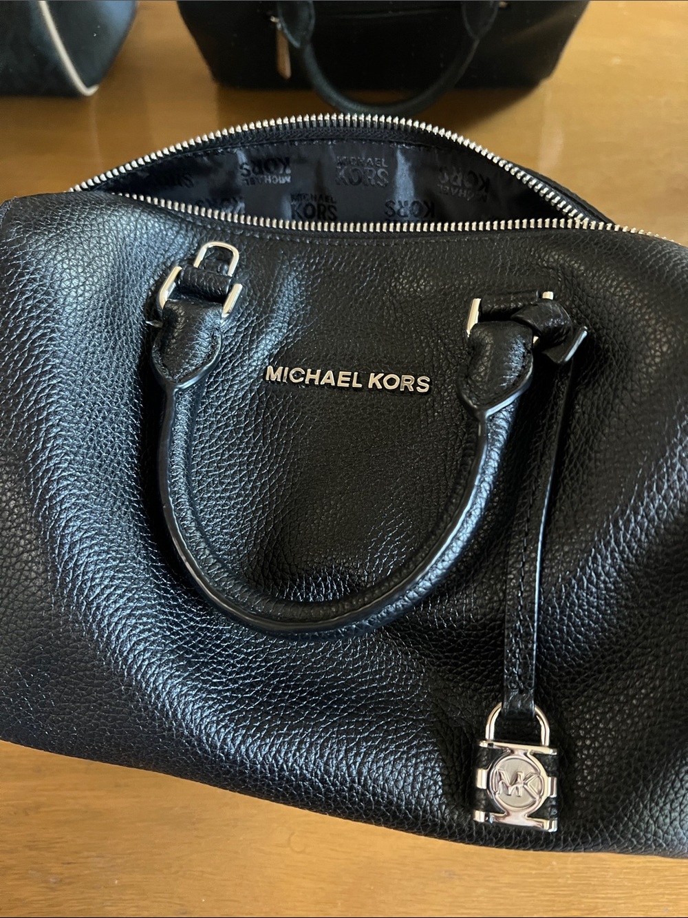 Michael Kors Black Pebbled Leather Dome Satchel with Silver Hardware